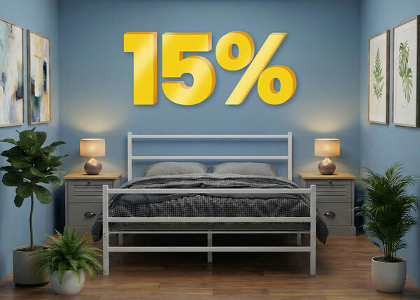 Bedroom scene with a bed and bedside tables, highlighting buy 2 items and get 15% off. 