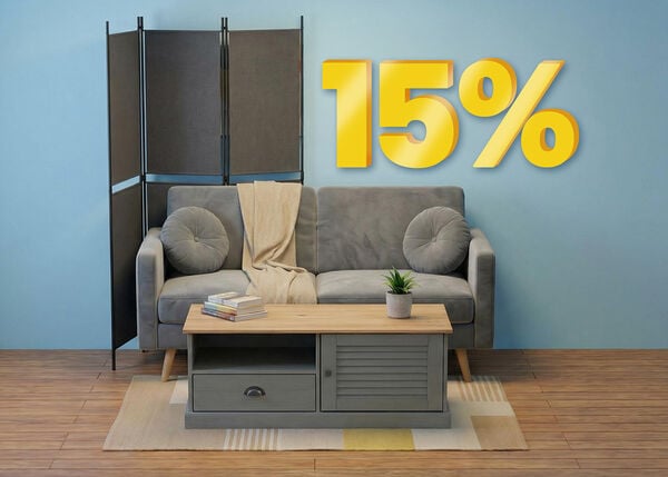 Living room scene with a sofa, a coffee table and a room divider, highlighting buy 2 items and get 15% off.