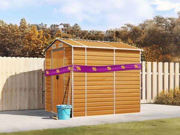 Wooden garden shed with purple promotional band showing yellow discount icons, blue bucket and tools leaning against it. Click to see the products in the offer.