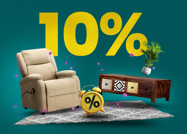 Floating beige upholstered reclining armchair and a dark wood media console with patterned drawers on a grey rug. Confetti, a yellow clock with a percentage sign, and bold &ldquo;10%&rdquo; in the background.