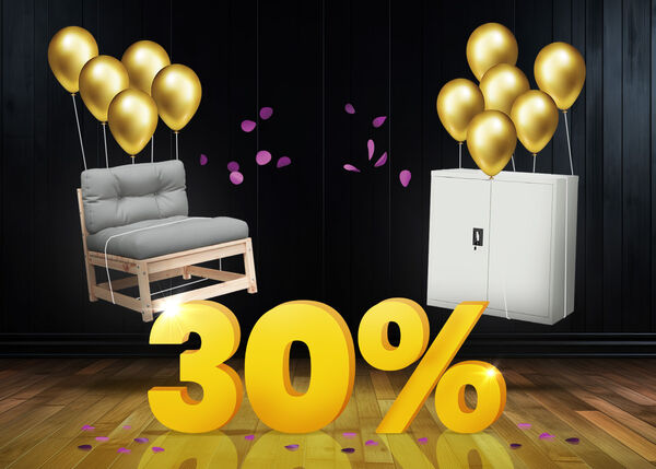 Wooden lounge chair with grey cushions and white storage cabinet lifted by gold balloons and surrounded by purple confetti, with a large yellow 30% sign on a dark background.