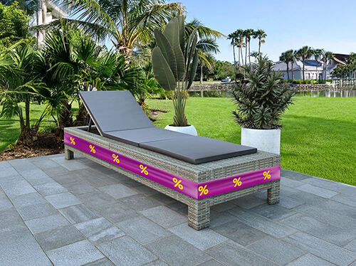 Gray rattan sun lounger with cushion, purple band with yellow discount icons on base. Click to see the products in the offer.