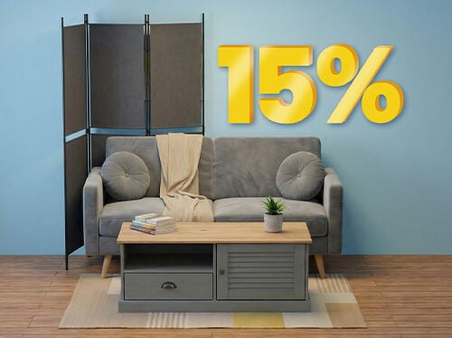 Living room scene with a sofa, a coffee table and a room divider, highlighting buy 2 items and get 15% off. Click to see the items in promotion.