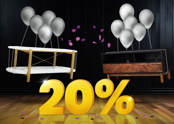 White round coffee table and wooden TV cabinet lifted by silver balloons and surrounded by purple confetti, with a large yellow 20% sign on a dark background.