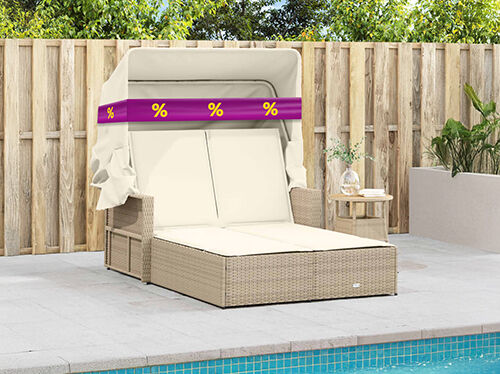 Beige double sun lounger with canopy by the pool, wrapped in purple band with yellow discount icons. Click to see the products in the offer.