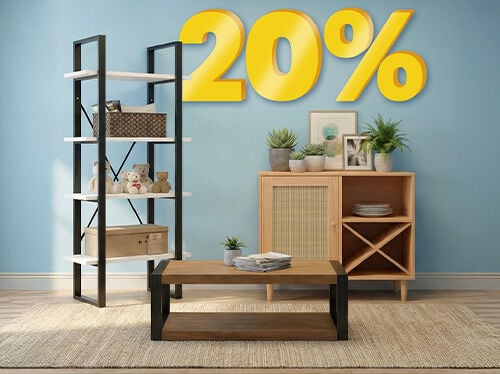 Indoor scene showing storage cabinets and shelves, highlighting buy 2 items and get 20% off. Click to see the items in promotion.