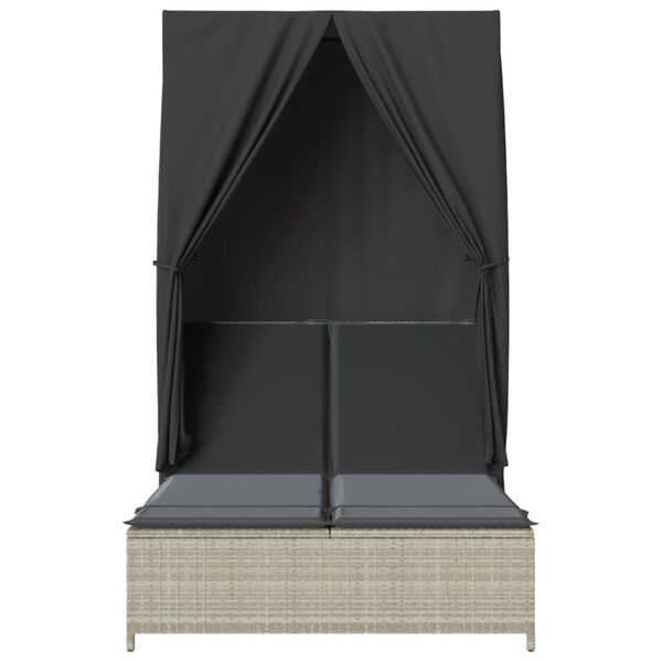 vidaXL Double Sun Lounger with Roof and Curtains Light Grey Poly Rattan