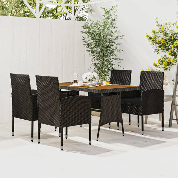 vidaXL Outdoor Dining Set Black PE Rattan, Steel, Solid Acacia Wood