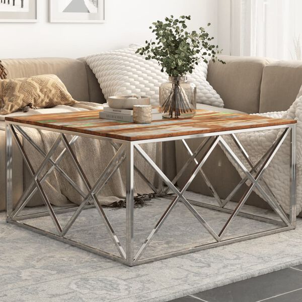 vidaXL Coffee Table Silver Stainless steel frame, solid reclaimed wood top