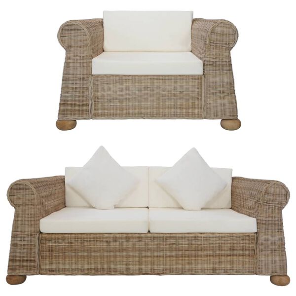 vidaXL Sofa Set Natural Rattan Medium Removable Covers Contemporary