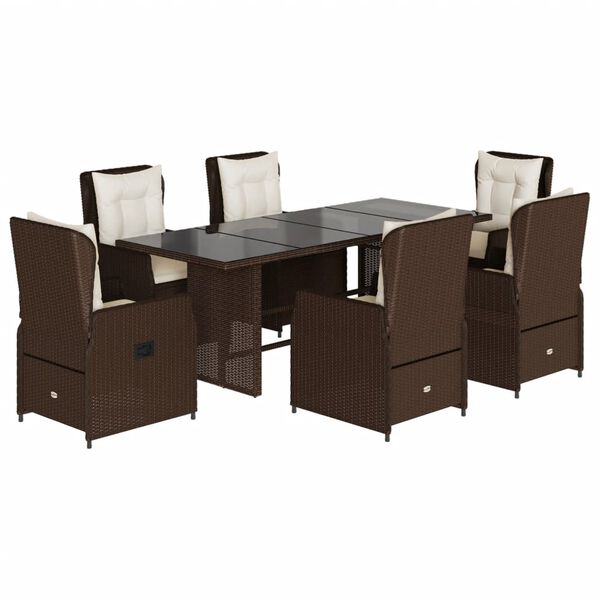 vidaXL 7 Piece Patio Dining Set with Cushions Brown Poly Rattan