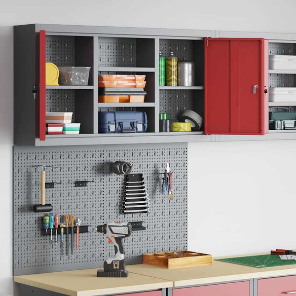 vidaXL Tool Cabinet and Pegboard Set 3 pcs Red 100 x 20 x 115 cm Steel
