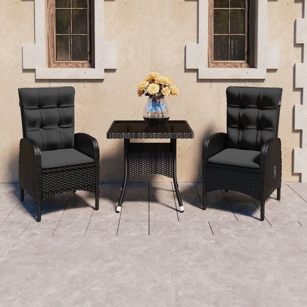 vidaXL Garden Dining Set Black Poly rattan, steel, glass, fabric