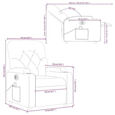 Technical diagram showing dimensions and measurements of the recliner in multiple views