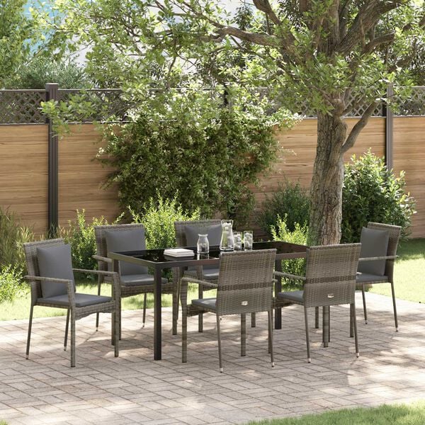 vidaXL Garden Dining Set with Cushion 7 pcs Grey Poly Rattan