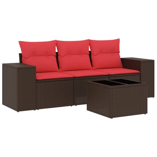 vidaXL 4 Piece Patio Sofa Set with Cushions Brown Poly Rattan