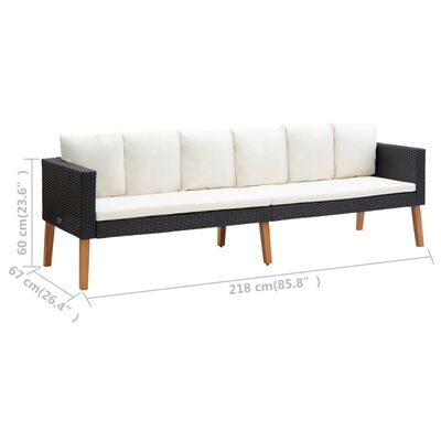 A 5-seat outdoor sofa with white cushions and dark wicker, dimensions shown in centimeters.