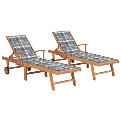 vidaXL Sun Loungers 2 pcs with Gray Check Pattern Cushion Solid Teak Wood