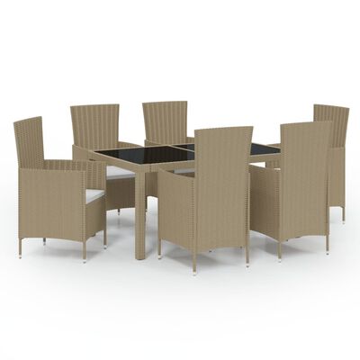 vidaXL 7 Piece Outdoor Dining Set with Cushions Poly Rattan Beige