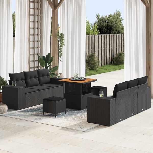 vidaXL Garden Sofa Set with Cushion 9 pcs Black Synthetic: Poly Rattan