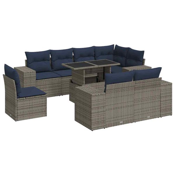 vidaXL 9 Piece Patio Sofa Set with Cushions Gray Poly Rattan Acacia