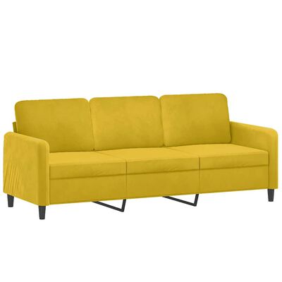 Yellow three-seat sofa with legs and metal base visible.