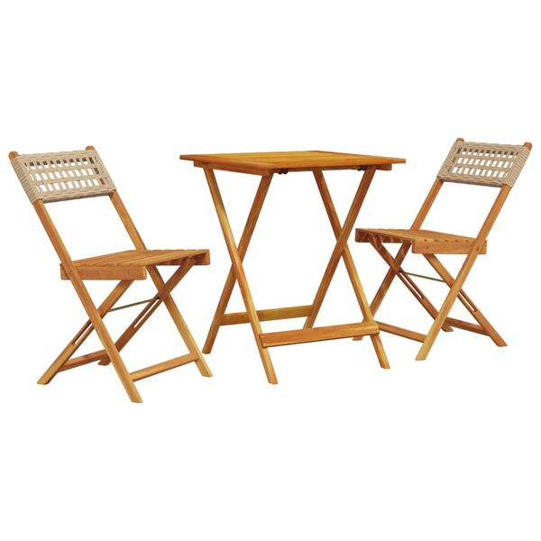 vidaXL Bistro Set Beige Solid acacia wood, PE rattan 2-seater Foldable