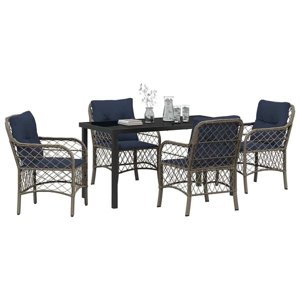 vidaXL Garden Dining Set with Cushion 5 pcs Grey and Black Rattan