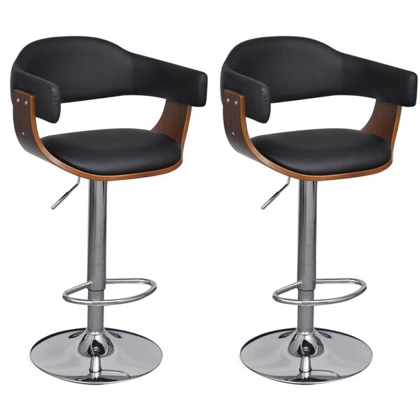 vidaXL Bar Stool Set of 2 Black and Brown Faux Leather, Wood, Chromed Iron