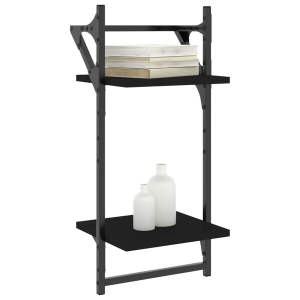 vidaXL Wall Shelf Set of 2 Black Engineered wood, metal 11.8x9.8x25.6 in