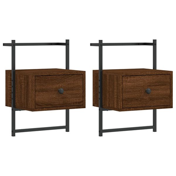 vidaXL Bedside Cabinet Set of 2 Brown oak Engineered wood, metal Compact