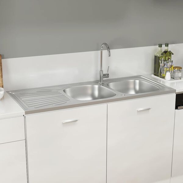 vidaXL Kitchen Sink with Double Sinks Silver 47.2"x19.7"x6.1" Stainless Steel