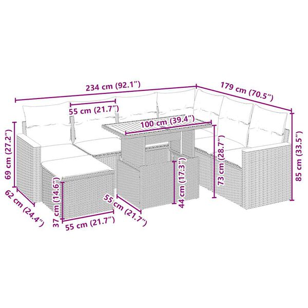 vidaXL Garden Sofa Set Beige PE Rattan Large Adjustable Feet