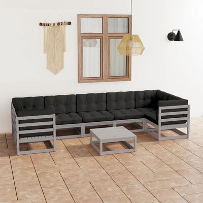 vidaXL 8 Piece Patio Lounge Set with Cushions Gray Solid Pinewood