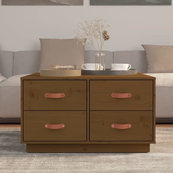 vidaXL Coffee Table Honey Brown Solid Pine Wood, Faux Leather (100% PU)
