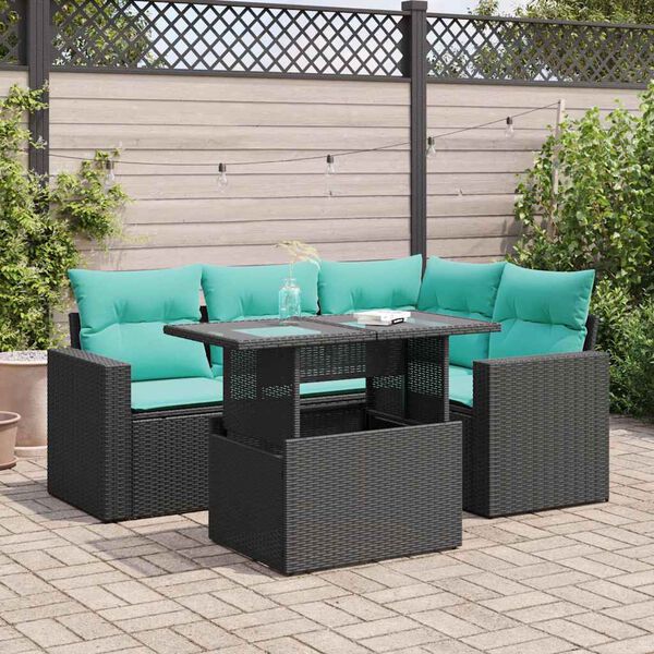 vidaXL 5 Piece Patio Sofa Set with Cushions Black Poly Rattan Acacia