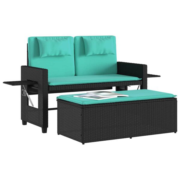 vidaXL Garden Bench Black and Blue PE rattan, powder-coated steel, polyester
