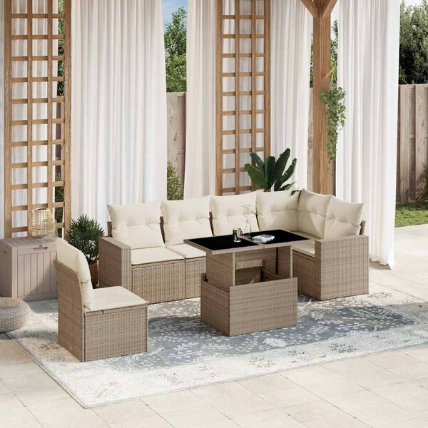 vidaXL Garden Sofa Set Beige PE Rattan, Powder-Coated Steel, Tempered Glass
