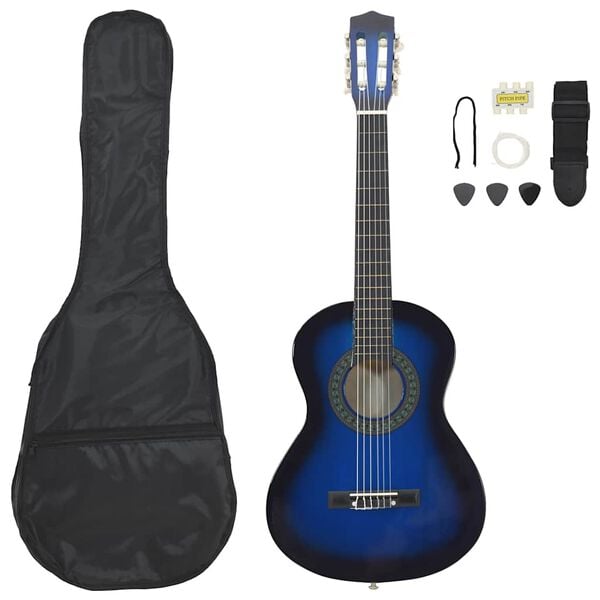 vidaXL 8 Piece Classical Guitar Beginner Set Blue 1/2 34"