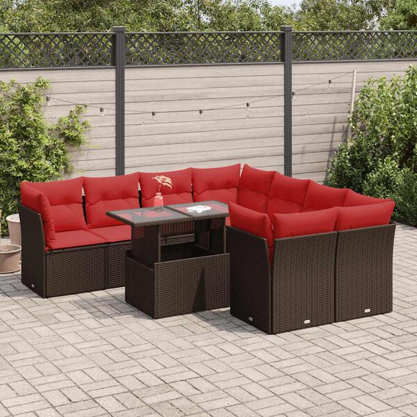 vidaXL 9 Piece Patio Sofa Set with Cushions Brown Poly Rattan Acacia