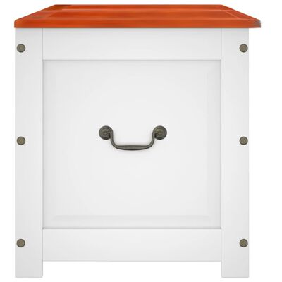 Close-up of a white storage bench drawer front with an ornate metal handle.