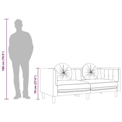 Outline diagram of a two-seat sofa with a person silhouette for scale. Dimensions show height 180 cm and seat height 70 cm.