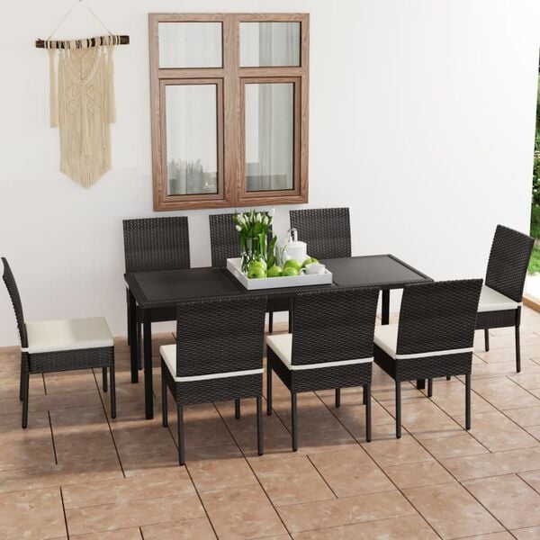 vidaXL Dining Set Black Poly rattan, powder-coated steel, glass