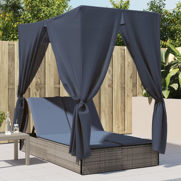 vidaXL Double Sun Lounger with Roof and Curtains Gray Poly Rattan