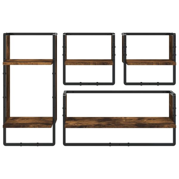 vidaXL Wall Shelf Set Set of 4 Smoked oak Engineered wood, metal Medium