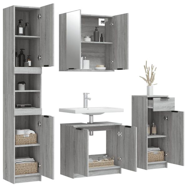vidaXL Bathroom Furniture Set Gray Sonoma Engineered wood, glass Tall