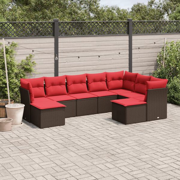 vidaXL 9 Piece Patio Sofa Set with Cushions Brown Poly Rattan