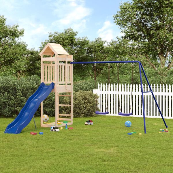 vidaXL Outdoor Playset Natural Pine, Blue Solid Pine, Polypropylene Large