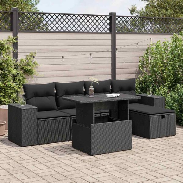 vidaXL 6 Piece Patio Sofa Set with Cushions Black Poly Rattan