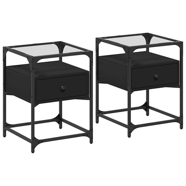 vidaXL Bedside Cabinet Set of 2 Black Engineered wood, steel, glass